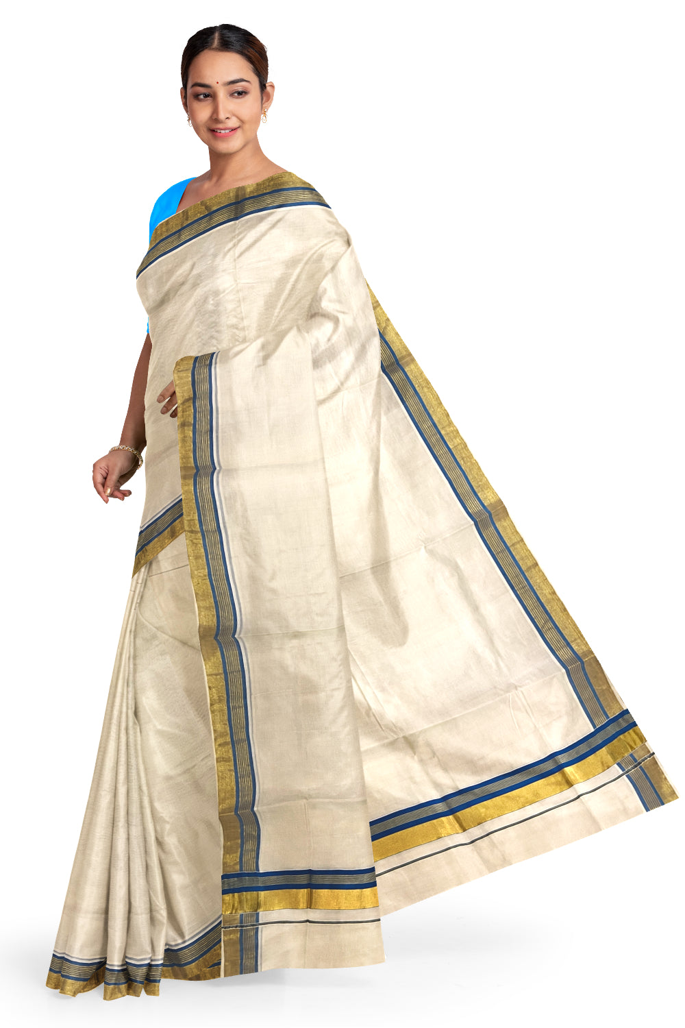 Pure Cotton Kerala Plain Saree with Kasavu and Blue Border