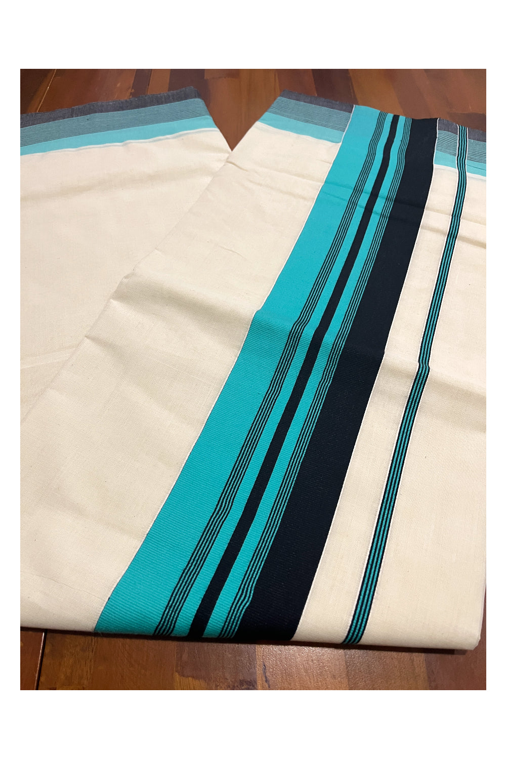 Pure Cotton Kerala Saree with Plain Black and Turquoise Border