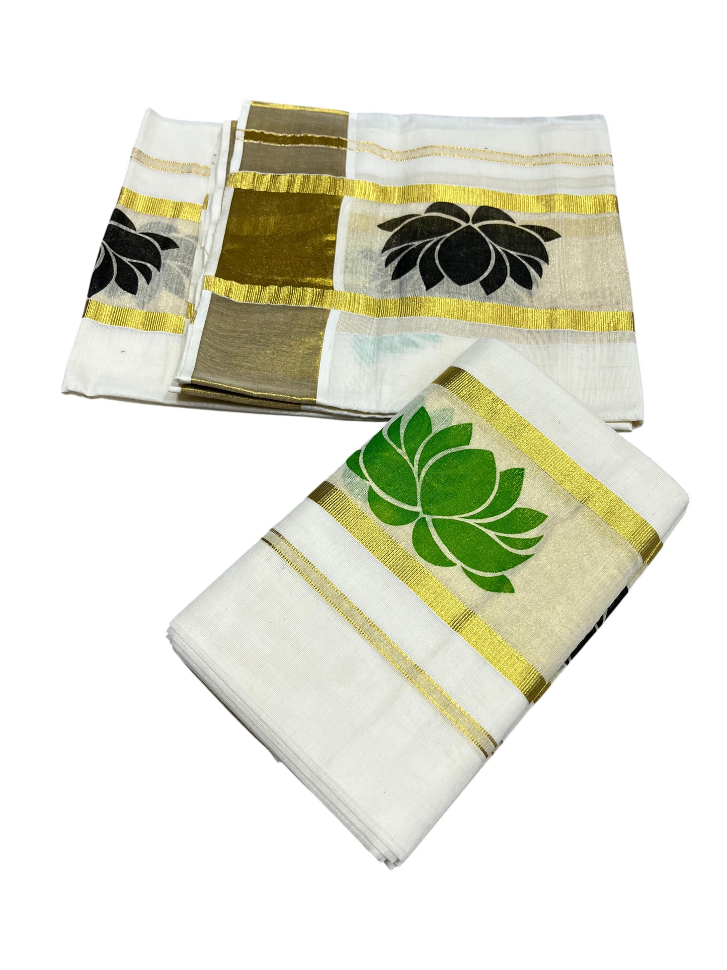 Kerala Cotton Single Set Mundu (Mundum Neriyathum) with Black And Green Lotus Block Prints On Kasavu Border 2.80 Mtrs SL340