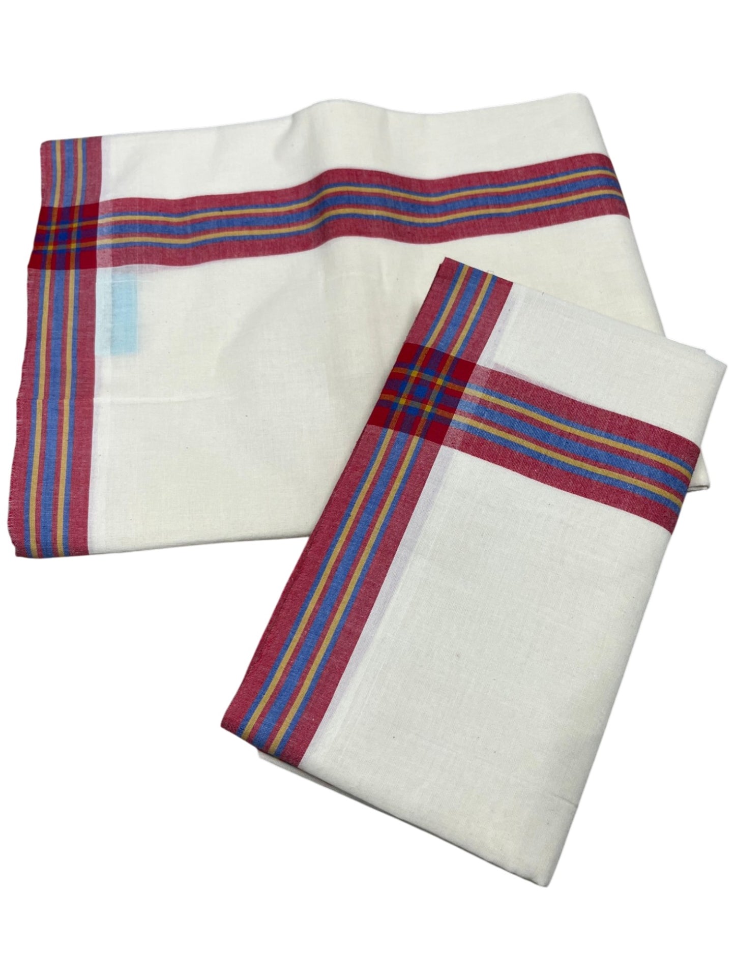 Southloom Pure Cotton Kerala Single Mulloth Set Mundu (Mundum Neriyathum) Red & Blue Border 2.50 Mtrs SL243
