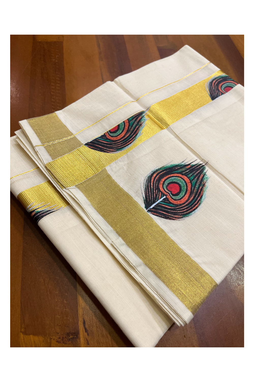 Kerala Pure Cotton Double Mundu with Feather Mural Painted Design on Kasavu Border (South Indian Kerala Dhoti)