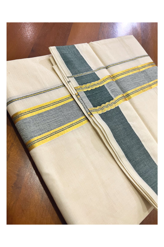 Off White Kerala Cotton Double Mundu with Kasavu and Greyish Green Border (South Indian Kerala Dhoti)