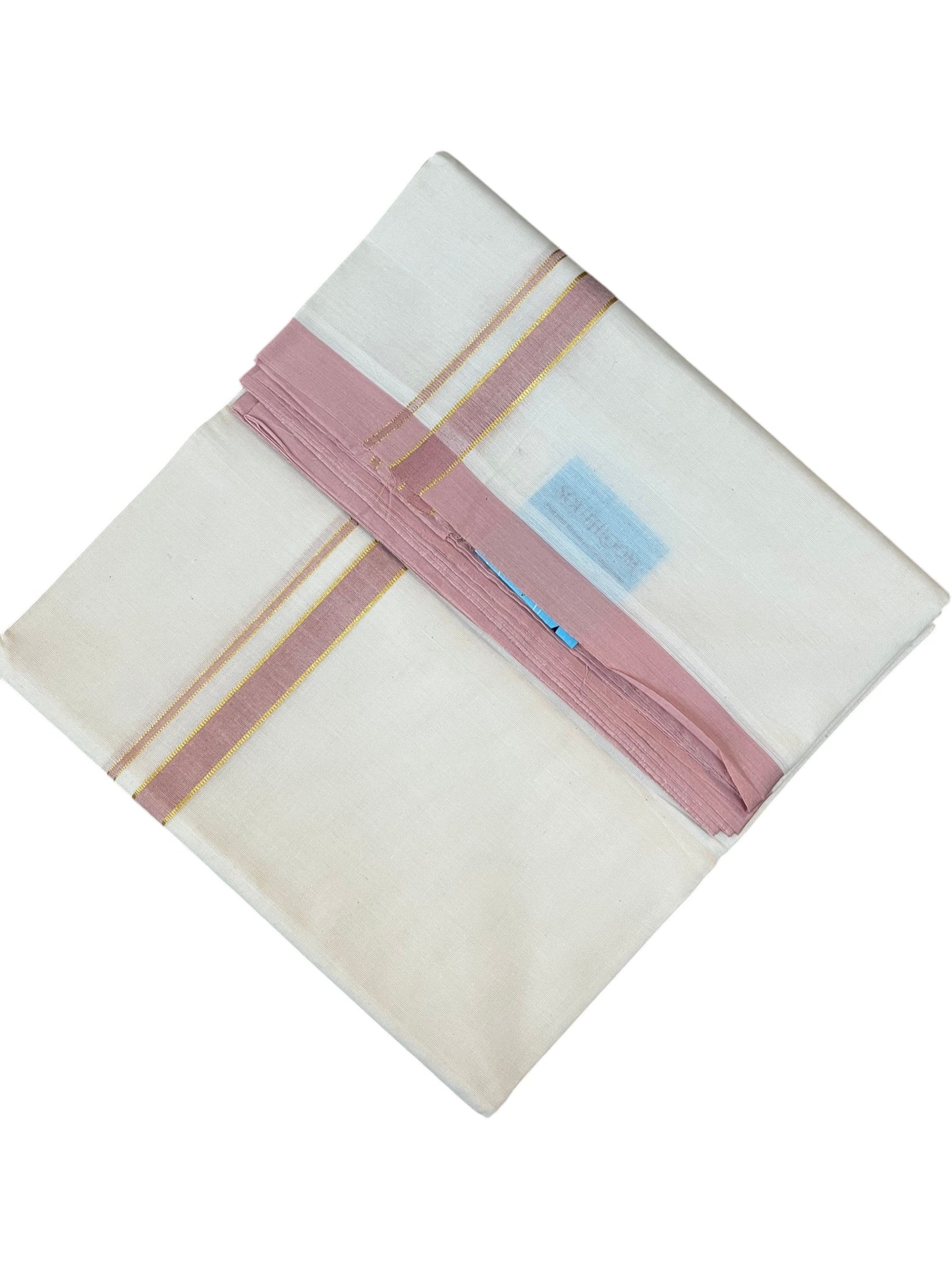 Southloom Pure Cotton Mundu with Golden Lines and Pink Border (South Indian Kerala Dhoti)