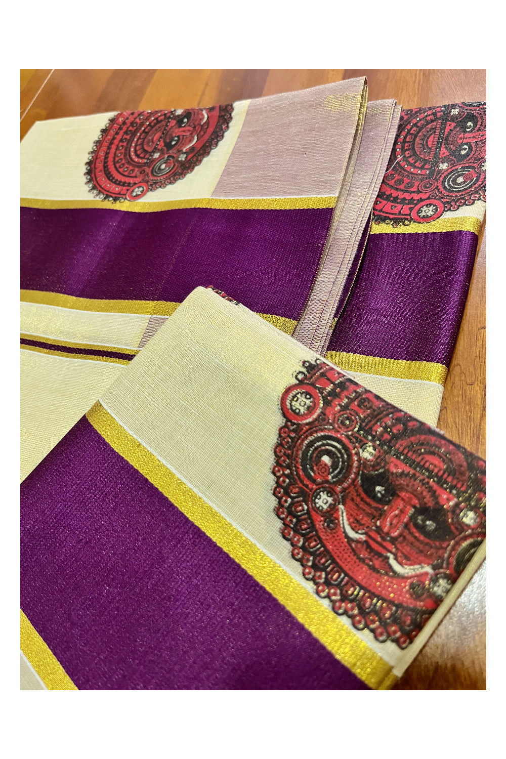 Kerala Tissue Kasavu Set Mundu (Mundum Neriyathum) with Theyyam Block Prints and Purple Border