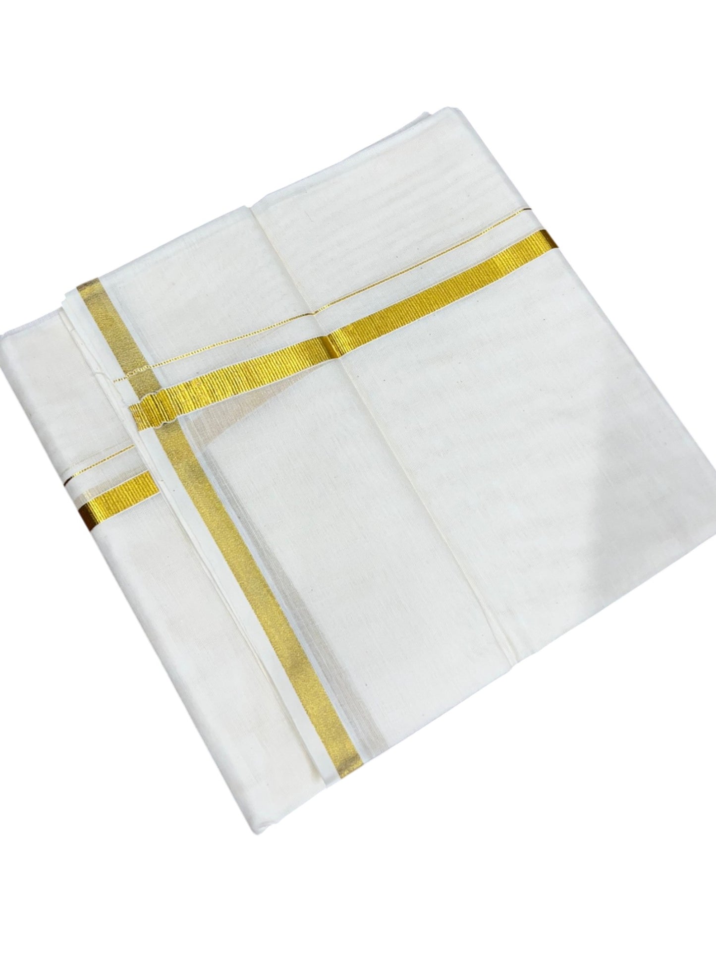 Southloom Kerala Pure Cotton Double Mundu with Gold Kasavu and Border (South Indian Dhoti)