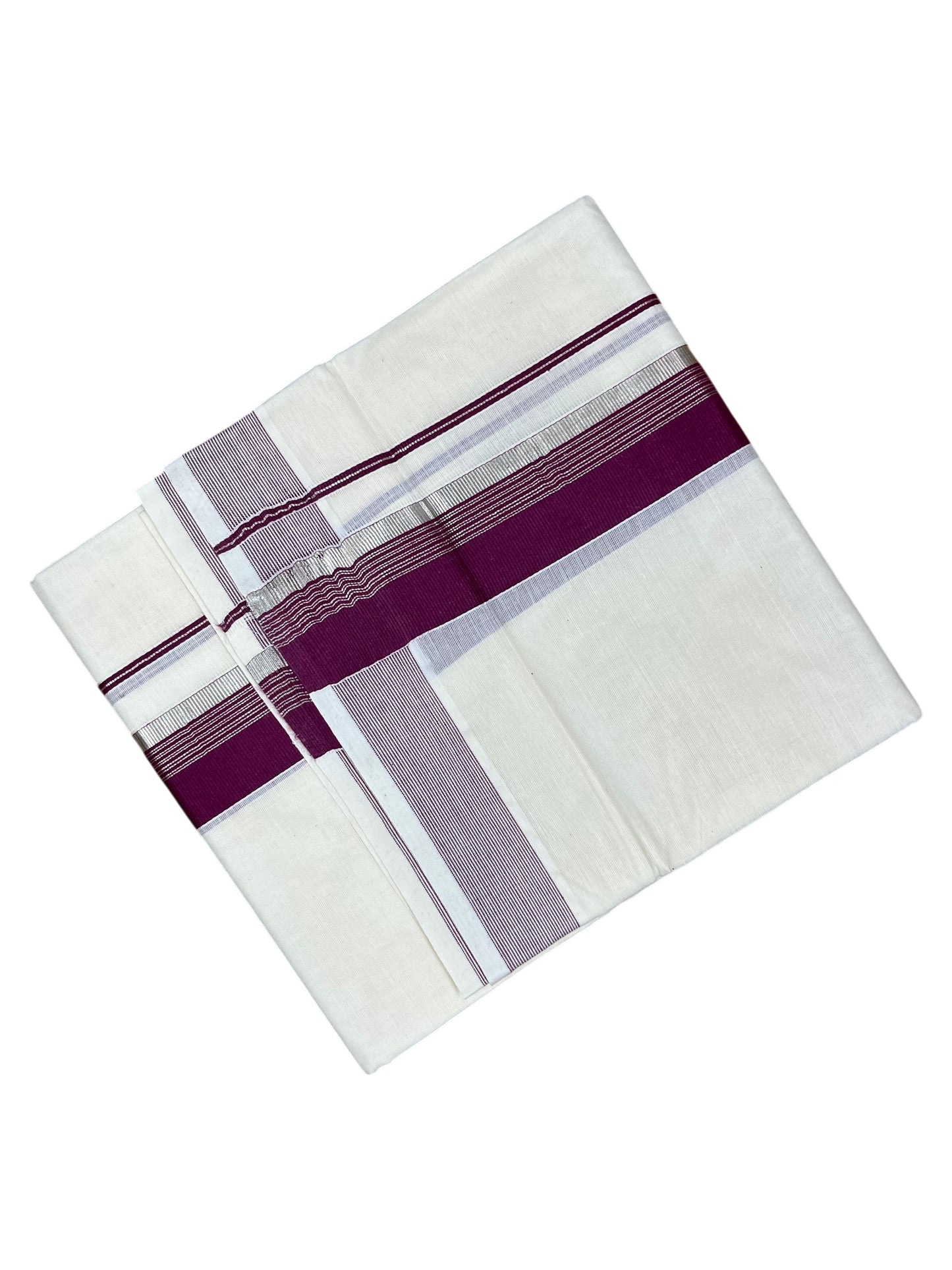 Southloom Pure Cotton Mundu with Silver Lines and Purple Border (South Indian Kerala Dhoti)