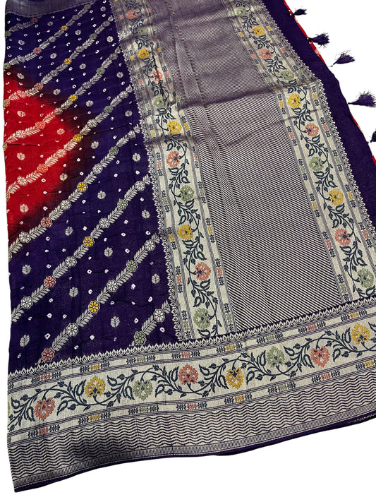 Southloom Pure Banarasi Silk Saree with Woven Work on Body and Borders (Red & Blue)