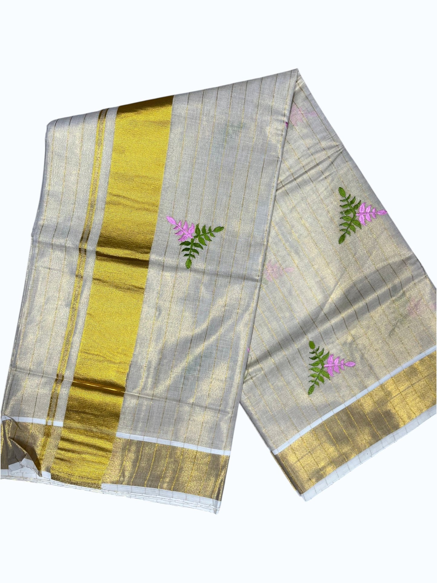 Southloom Kerala Tissue Kasavu Stripes Saree with Floral Embroidery Design in Pink and Green