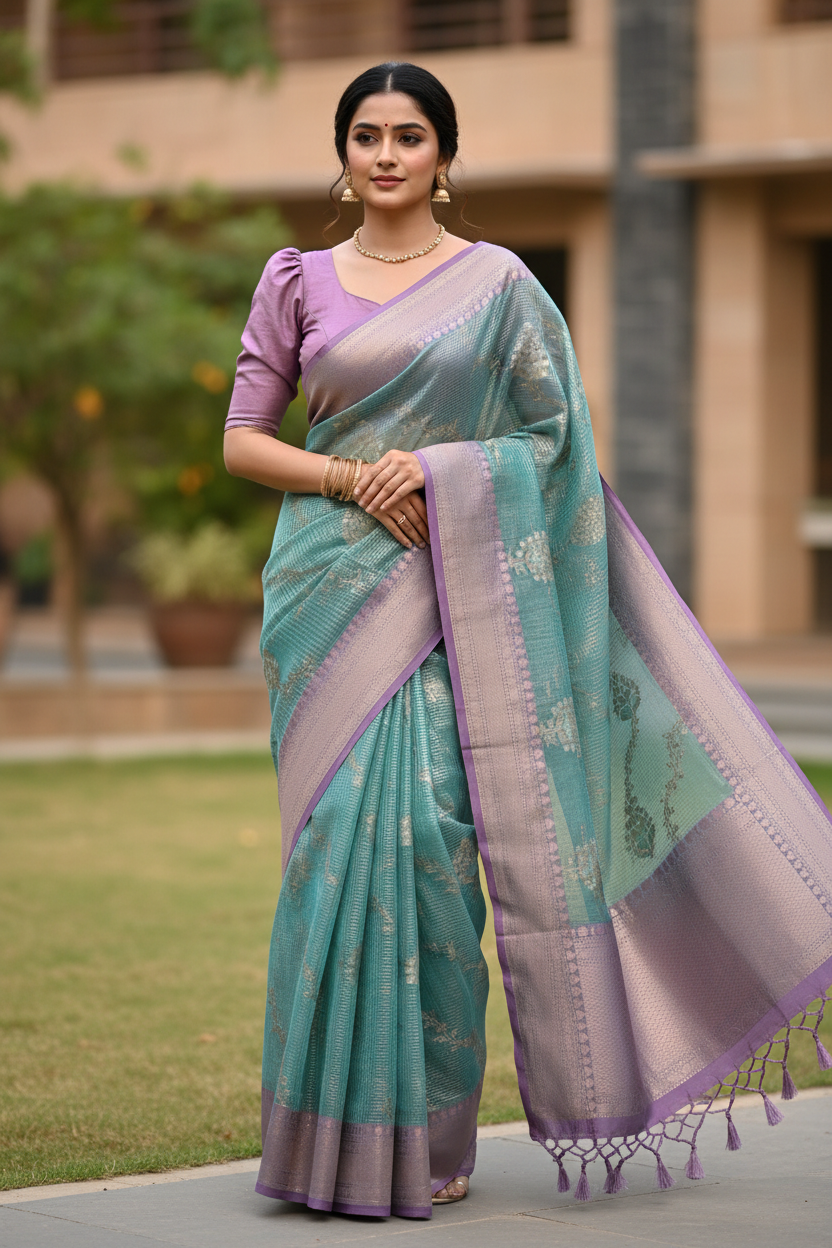 Southloom Tissue Banarasi Silk Saree with Woven Work on Body and Borders (Blue & Lavender)