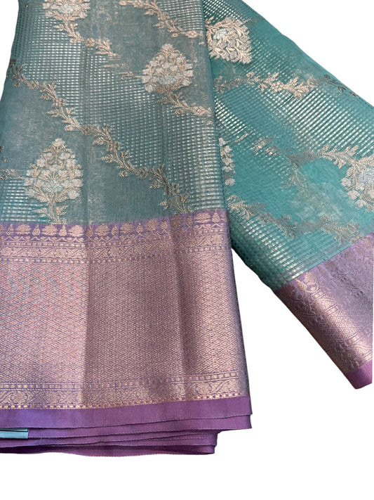 Southloom Tissue Banarasi Silk Saree with Woven Work on Body and Borders (Blue & Lavender)