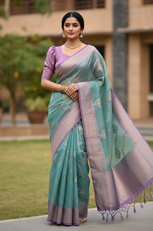 Southloom Tissue Banarasi Silk Saree with Woven Work on Body and Borders (Blue & Lavender)