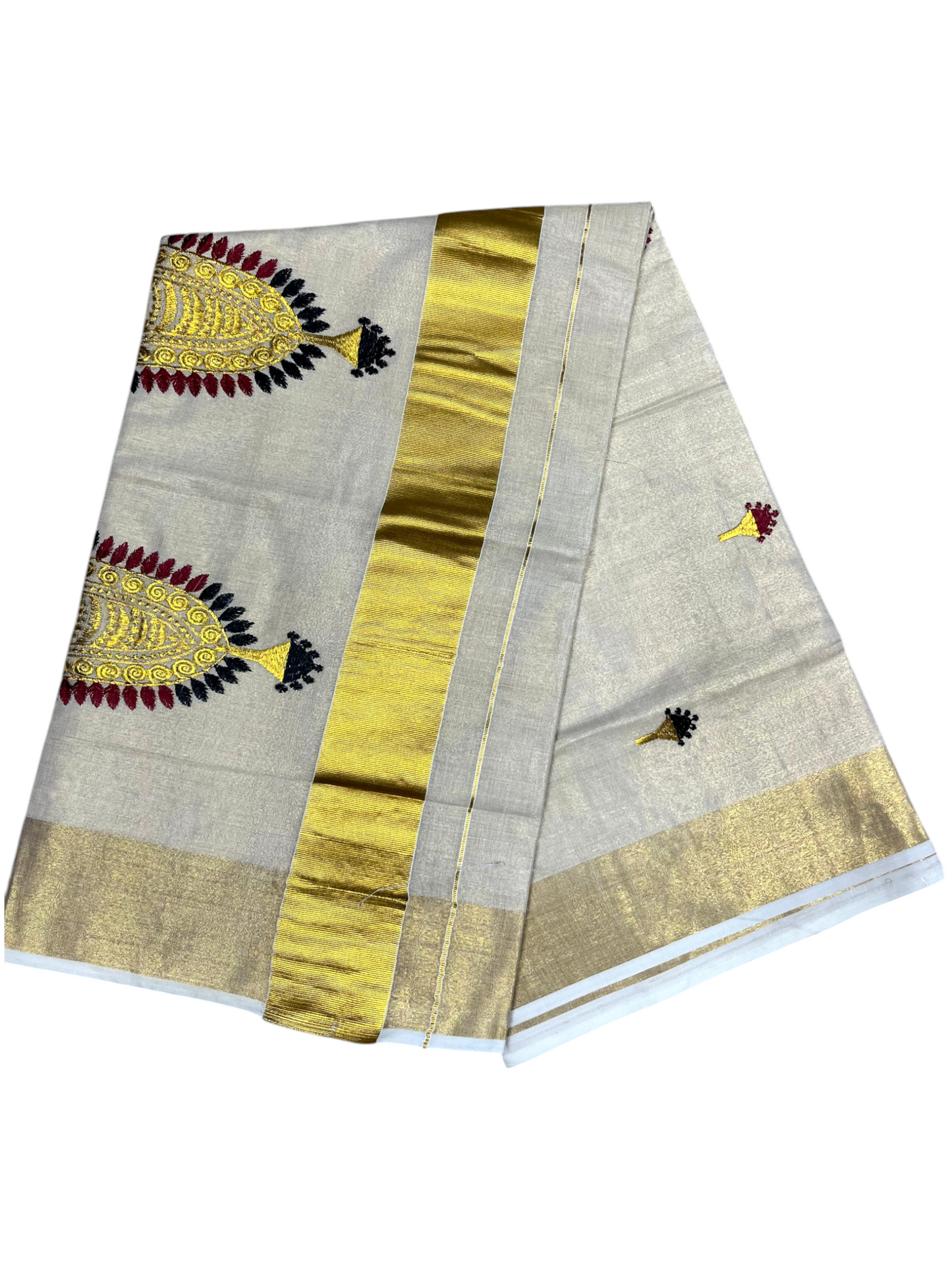 Southloom Tissue Kerala Kasavu Saree with Nettipattam Embroidery Designs on Body SL539