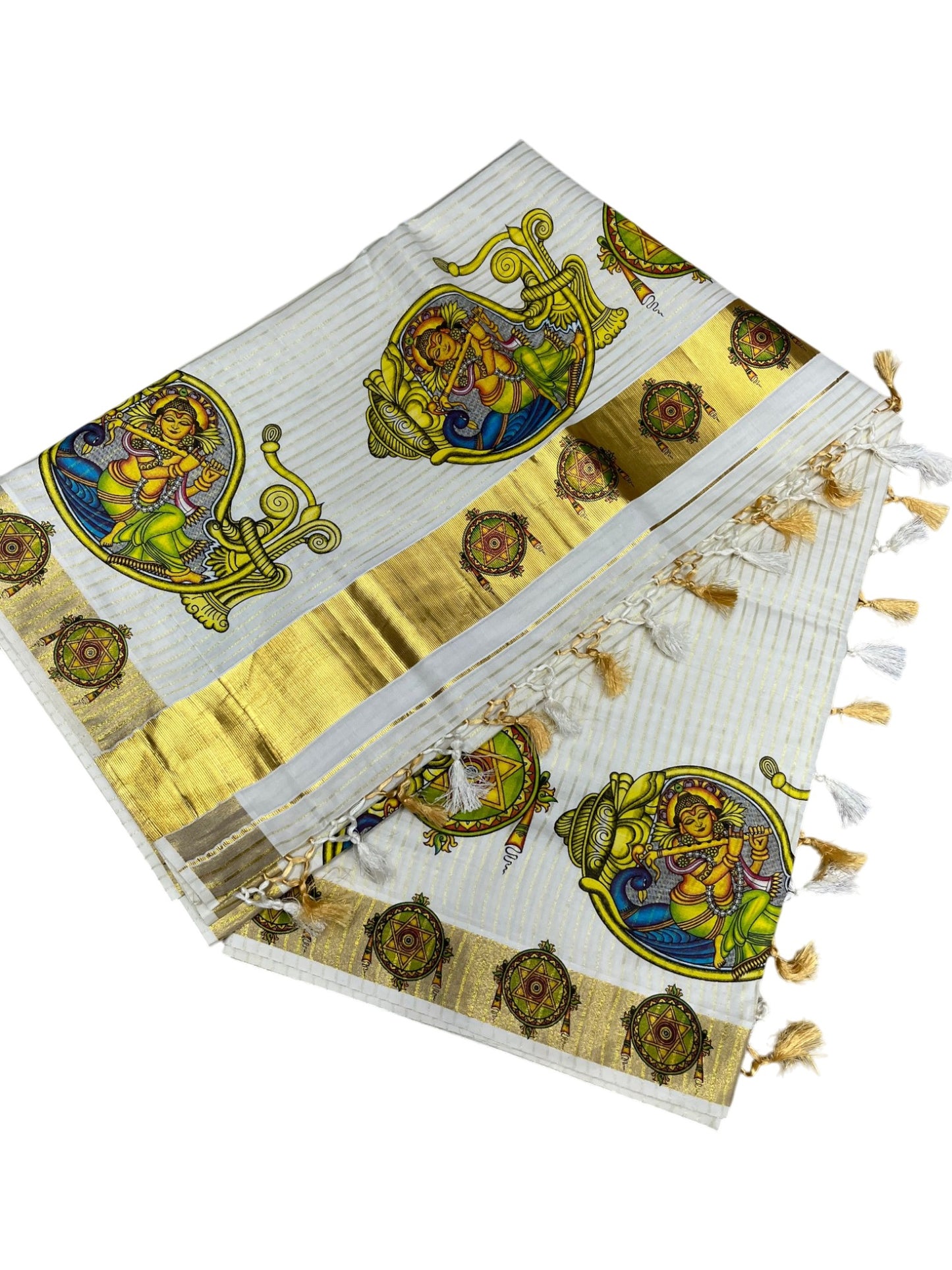 Southloom Pure Cotton Kerala Kasavu Lines Saree with Krishna Mural Printed Art Design and Printed Border