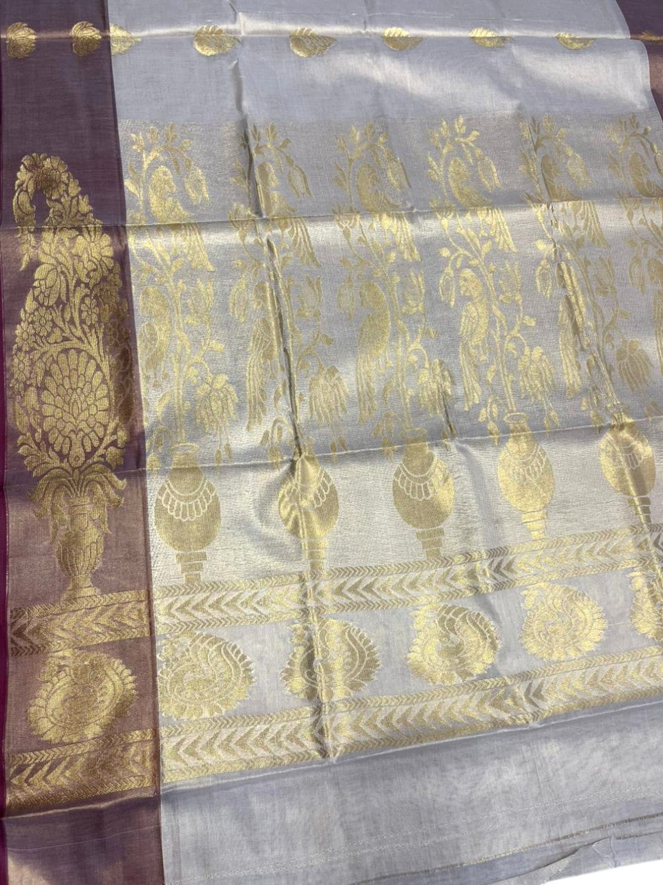 Southloom  Kerala Tissue Kasavu Heavy Work Saree with Peacock Design And Maroon Border SL483