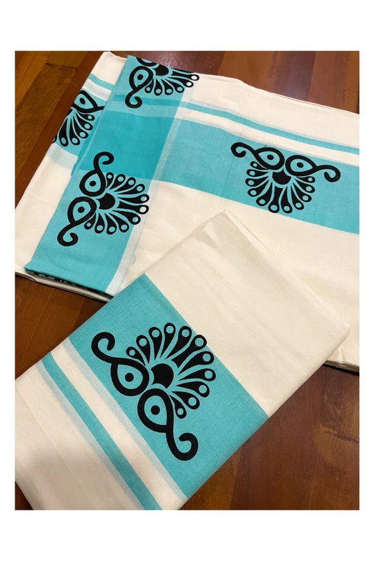 Kerala Pure Cotton Set Mundu (Mundum Neriyathum) with Block Printed Turquoise Border (Onam Set Mundu 2023)