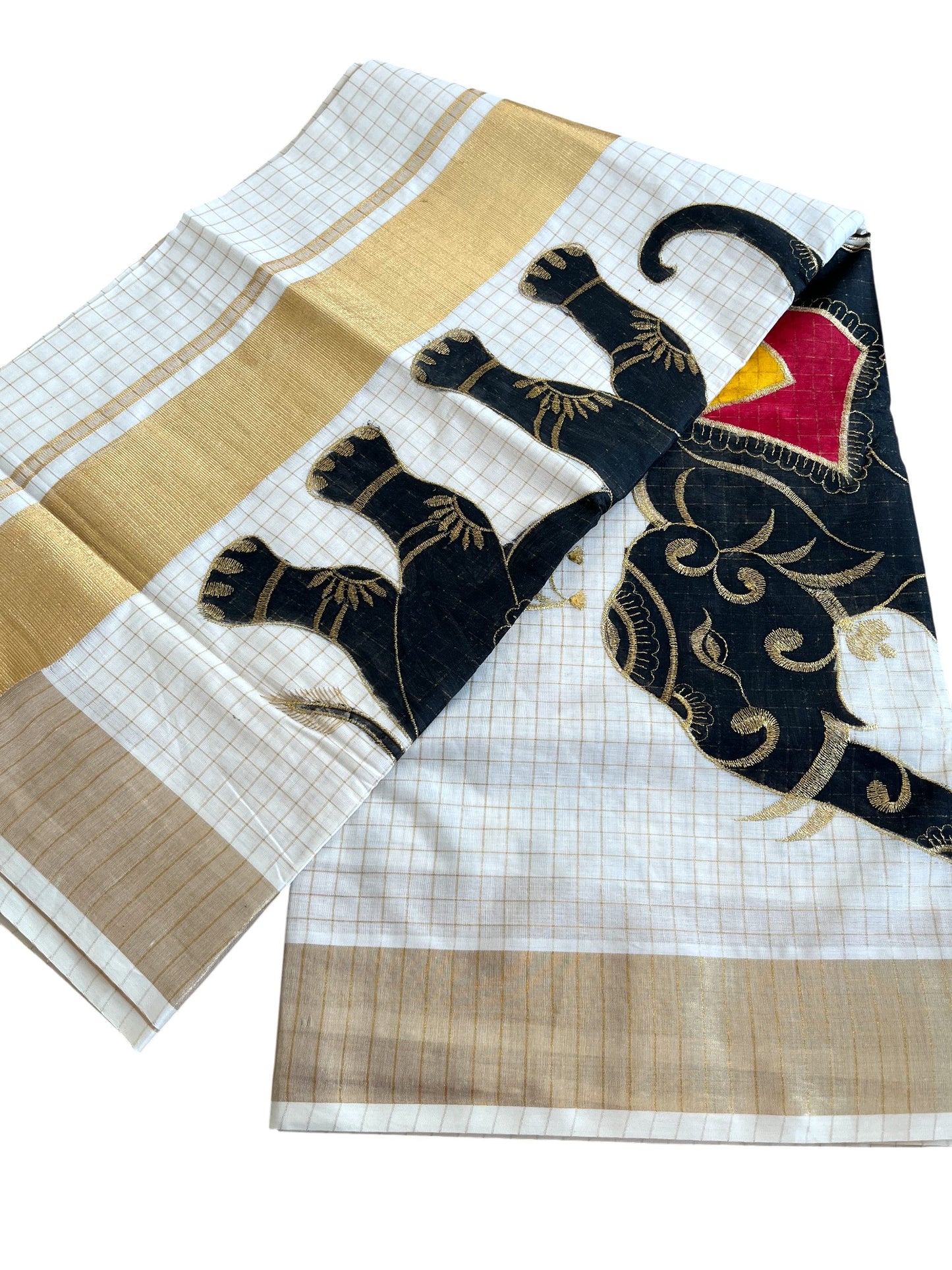 Southloom Kerala Cotton Kasavu Check Saree with Elephant Handpainted and Embroidery Work