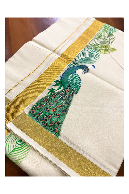 Pure Cotton Kerala Double Mundu with Peacock Hand Painted Designs on Kasavu Border (Vishu Collection 2024)