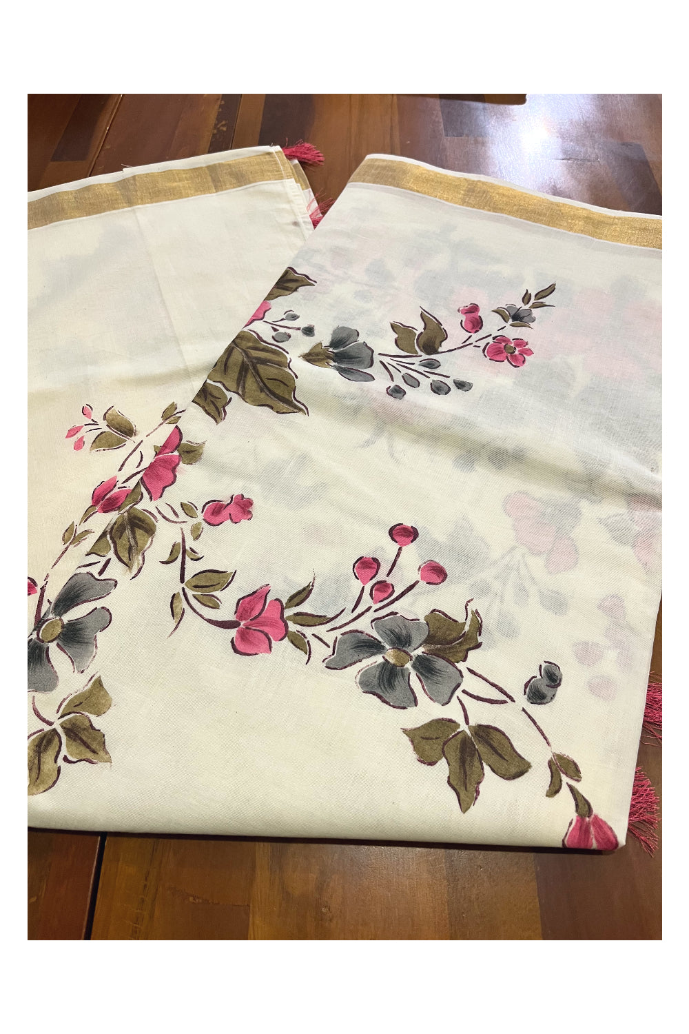 Kerala Cotton Kasavu Saree with Floral Painted Designs