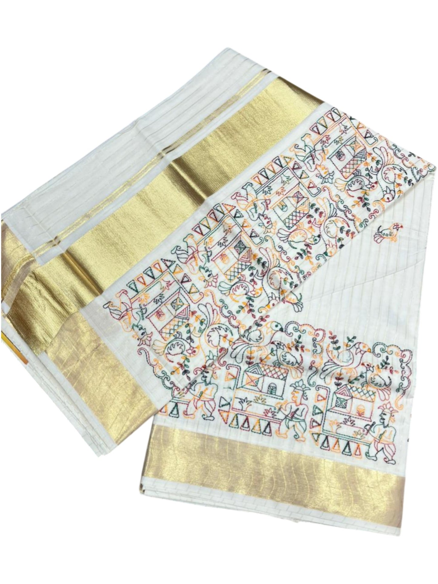 Southloom Cotton Kerala Kasavu Lines Saree with Kantha Embroidery Work on Body SL322