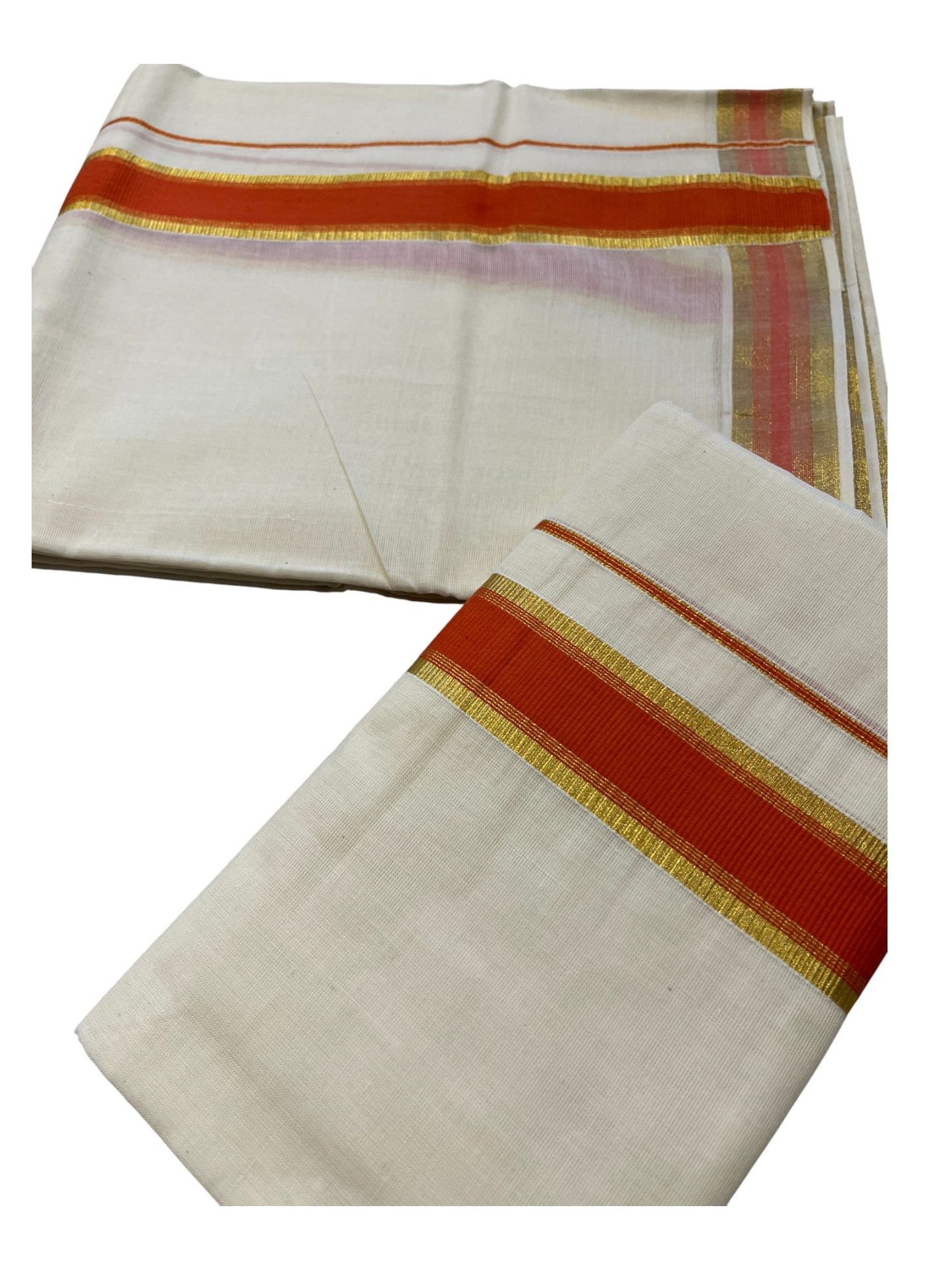 Kerala Cotton Set Mundu (Mundum Neriyathum) with Kasavu and Orange Border