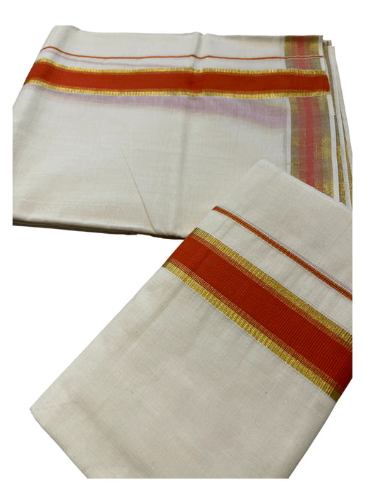 Kerala Cotton Set Mundu (Mundum Neriyathum) with Kasavu and Orange Border