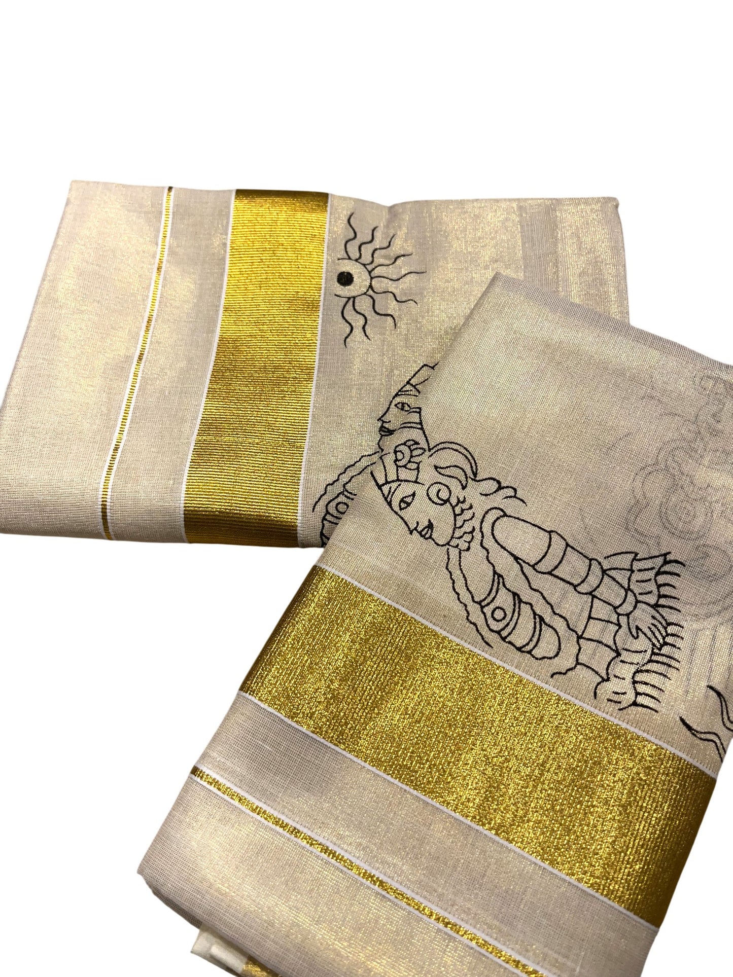 Southloom Kerala Tissue  Set Mundu (Mundum Neriyathum) with Kadhakali Printed Design
