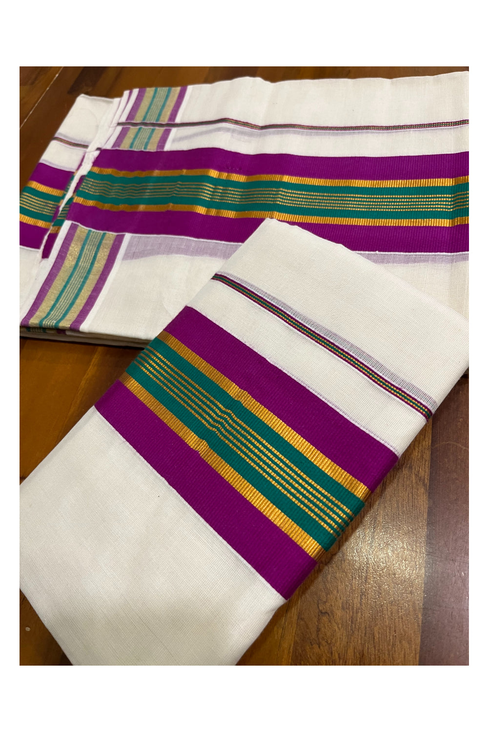 Kerala Cotton Kasavu Set Mundu (Mundum Neriyathum) with Magenta and Green Border 2.80 Mtrs