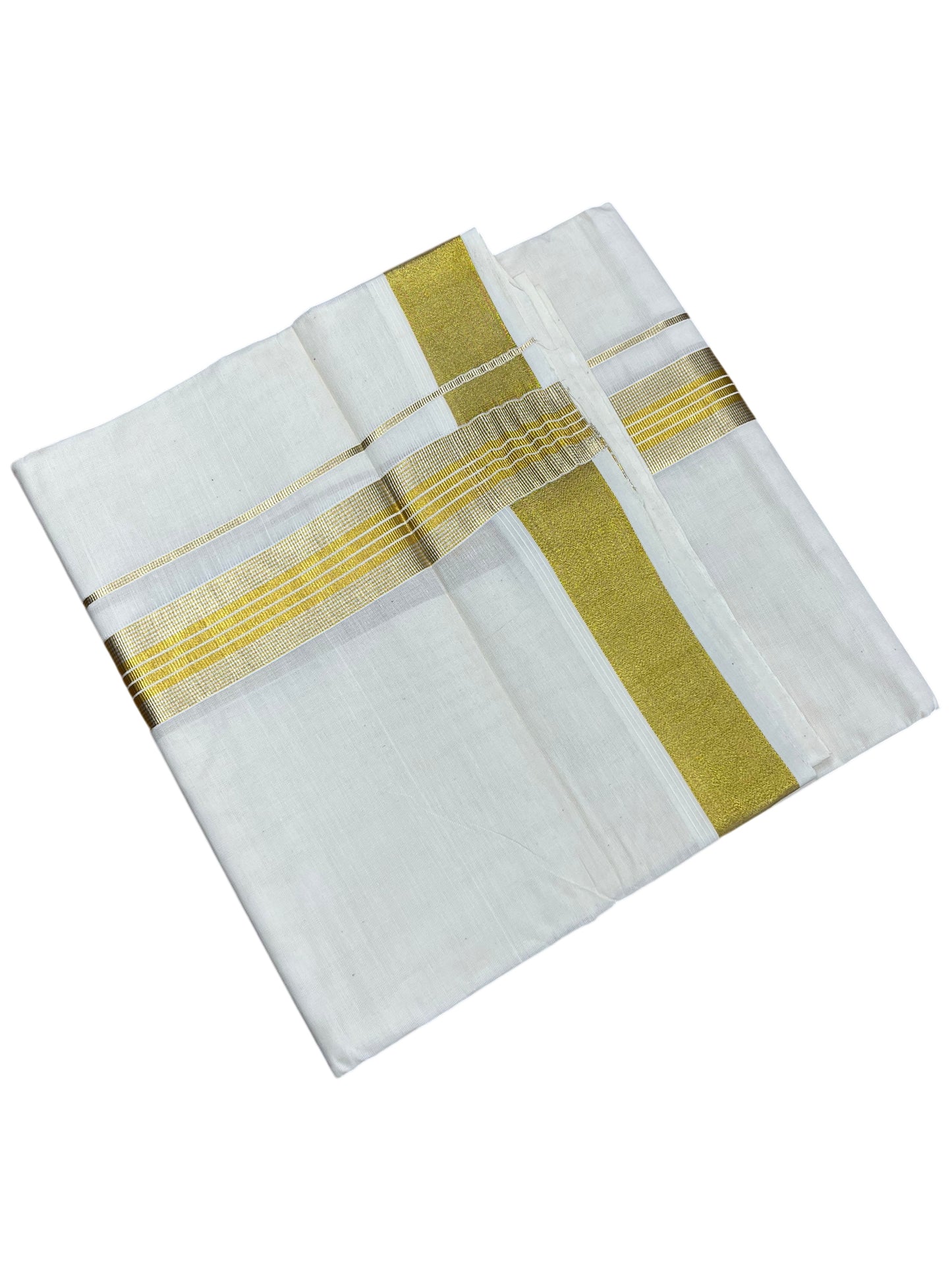 Southloom Kerala Pure Cotton Double Mundu with Gold Kasavu Line Border (South Indian Dhoti)