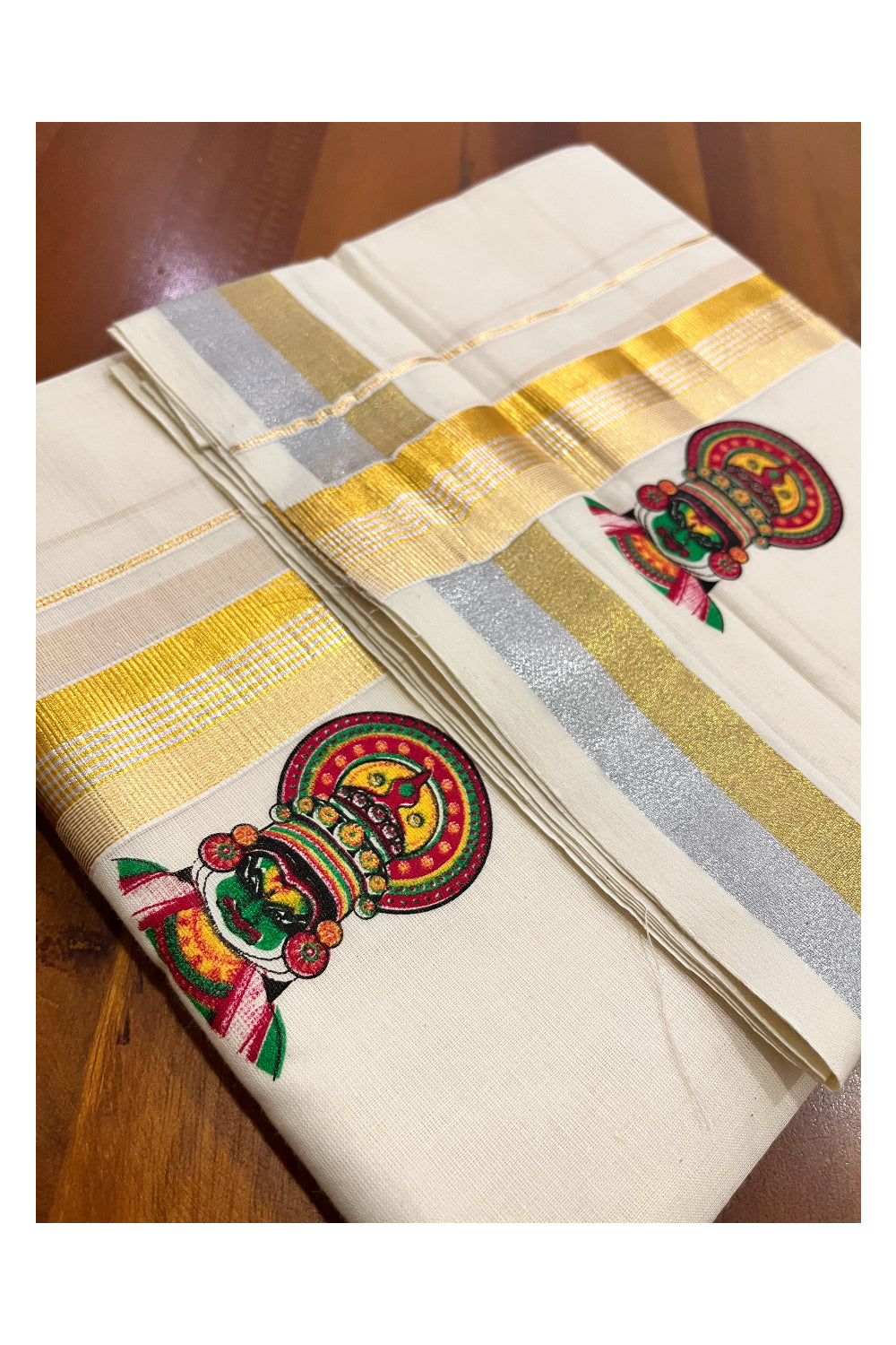 Kerala Pure Cotton Double Mundu with Kathakali Mural Painted Design on Kasavu Border (South Indian Kerala Dhoti)