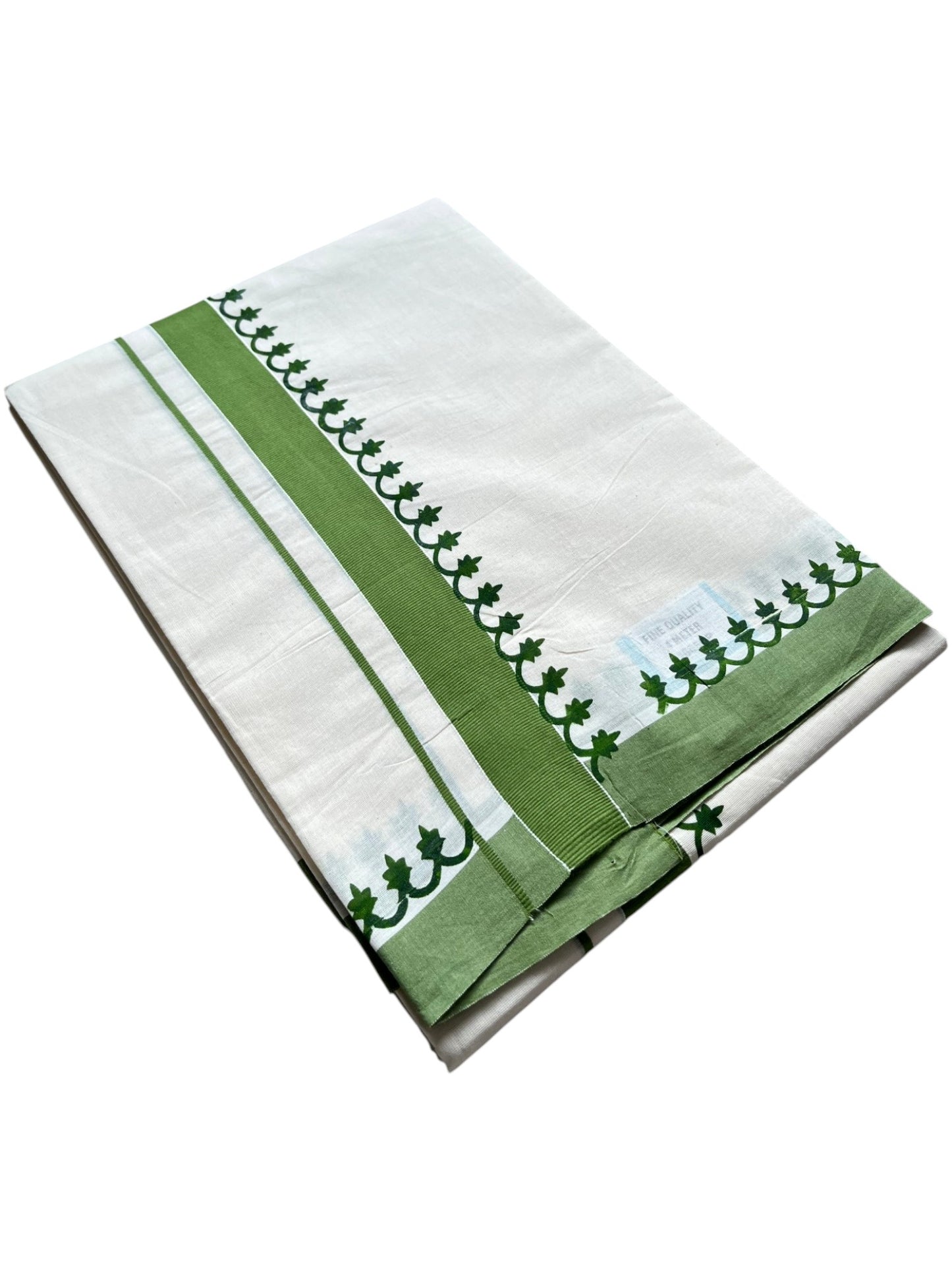 Southloom Kerala Cotton Green Kara Printed Double Mundu (South Indian Kerala Dhoti) SL567
