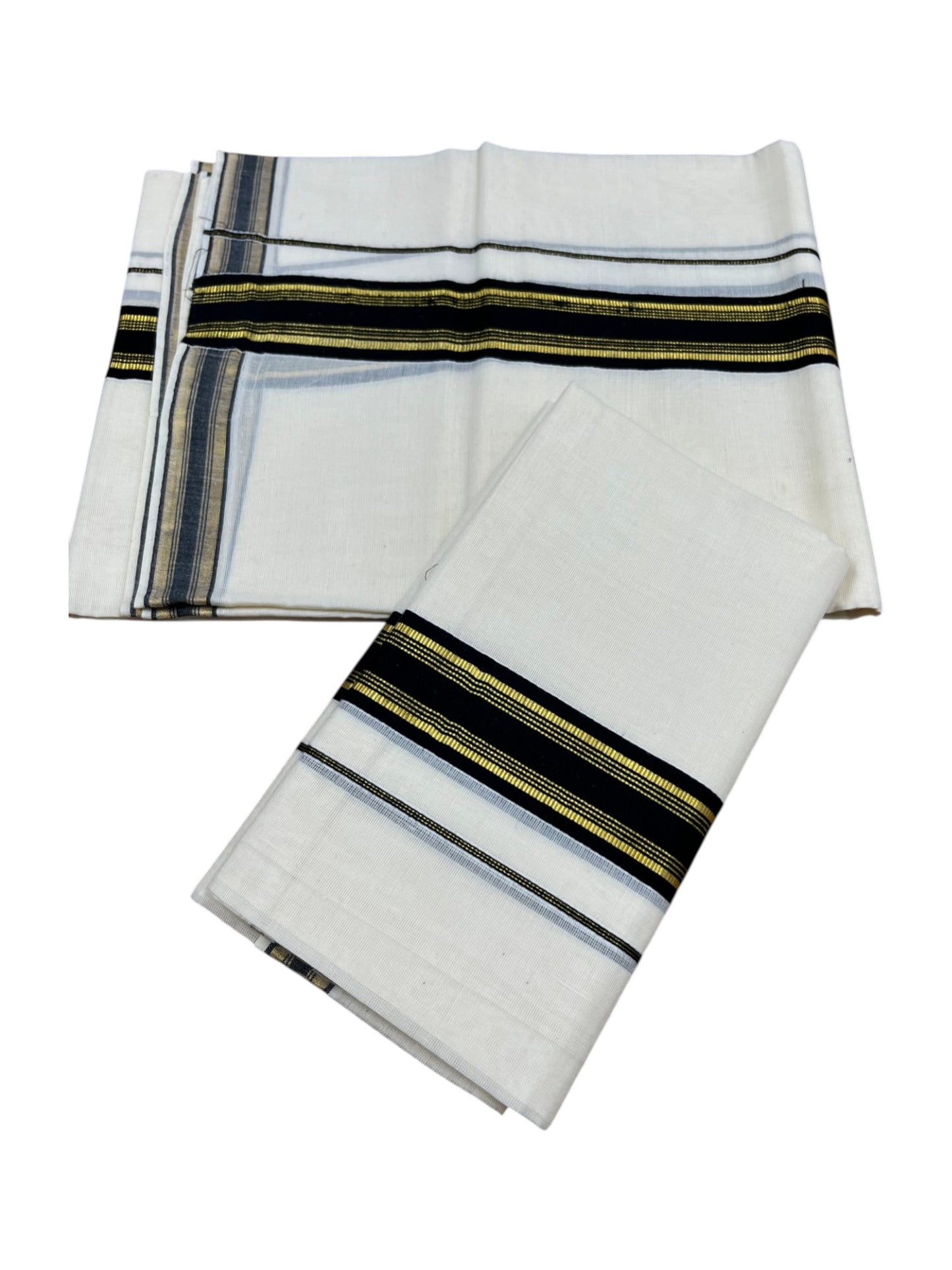 Southloom Kerala Cotton Single Set Mundu (Mundum Neriyathum) with Kasavu and Black Border in 2.80 Mtrs