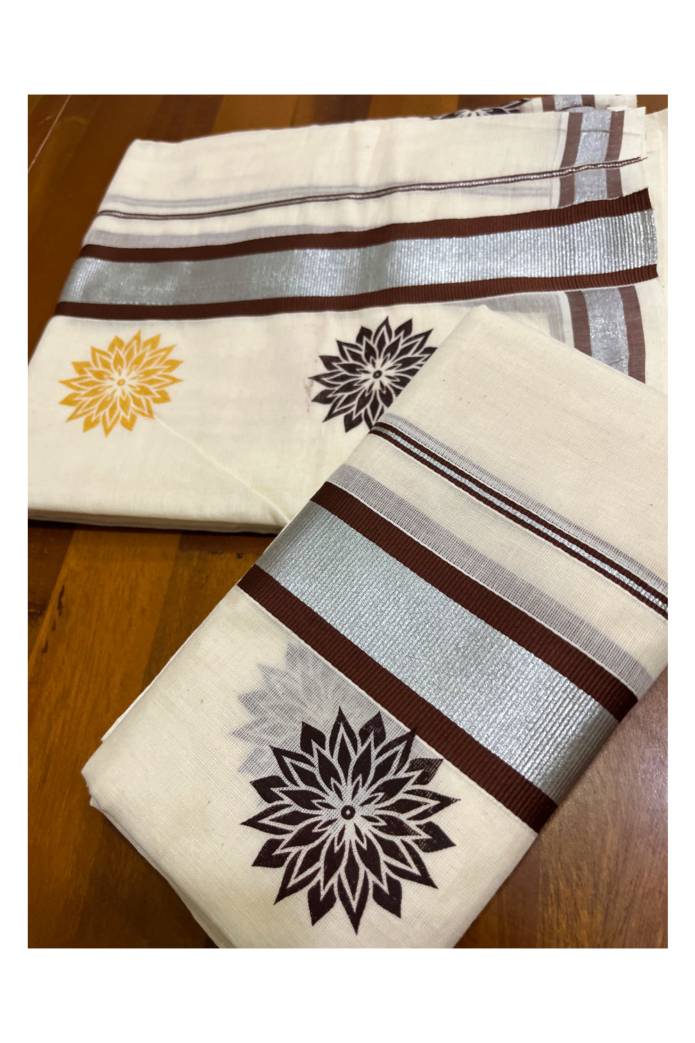 Kerala Cotton Mundum Neriyathum Single (Set Mundu) with Brown Golden Floral Block Prints in Brown Silver Kasavu Border