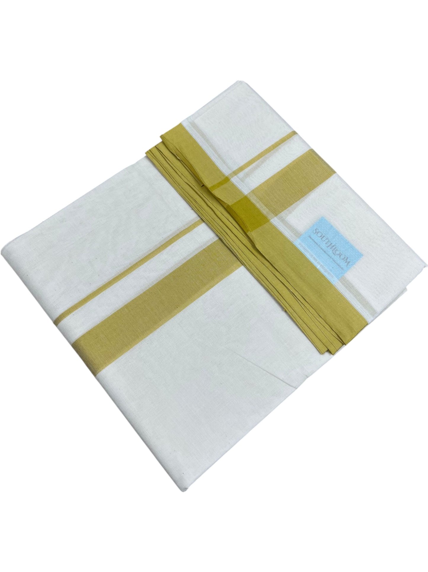 Southloom Kerala Pure Cotton Double Mundu with  Yellow Border (South Indian Kerala Dhoti)