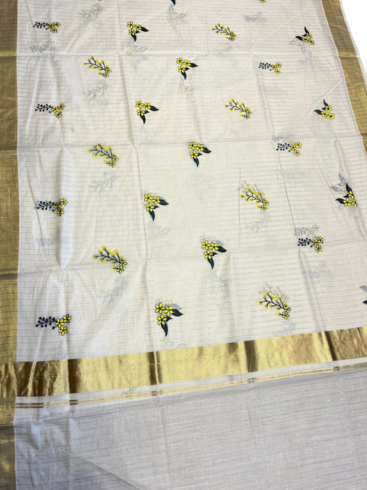 Kerala Cotton Kasavu Stripes Saree with Floral Embroidery Design on Body