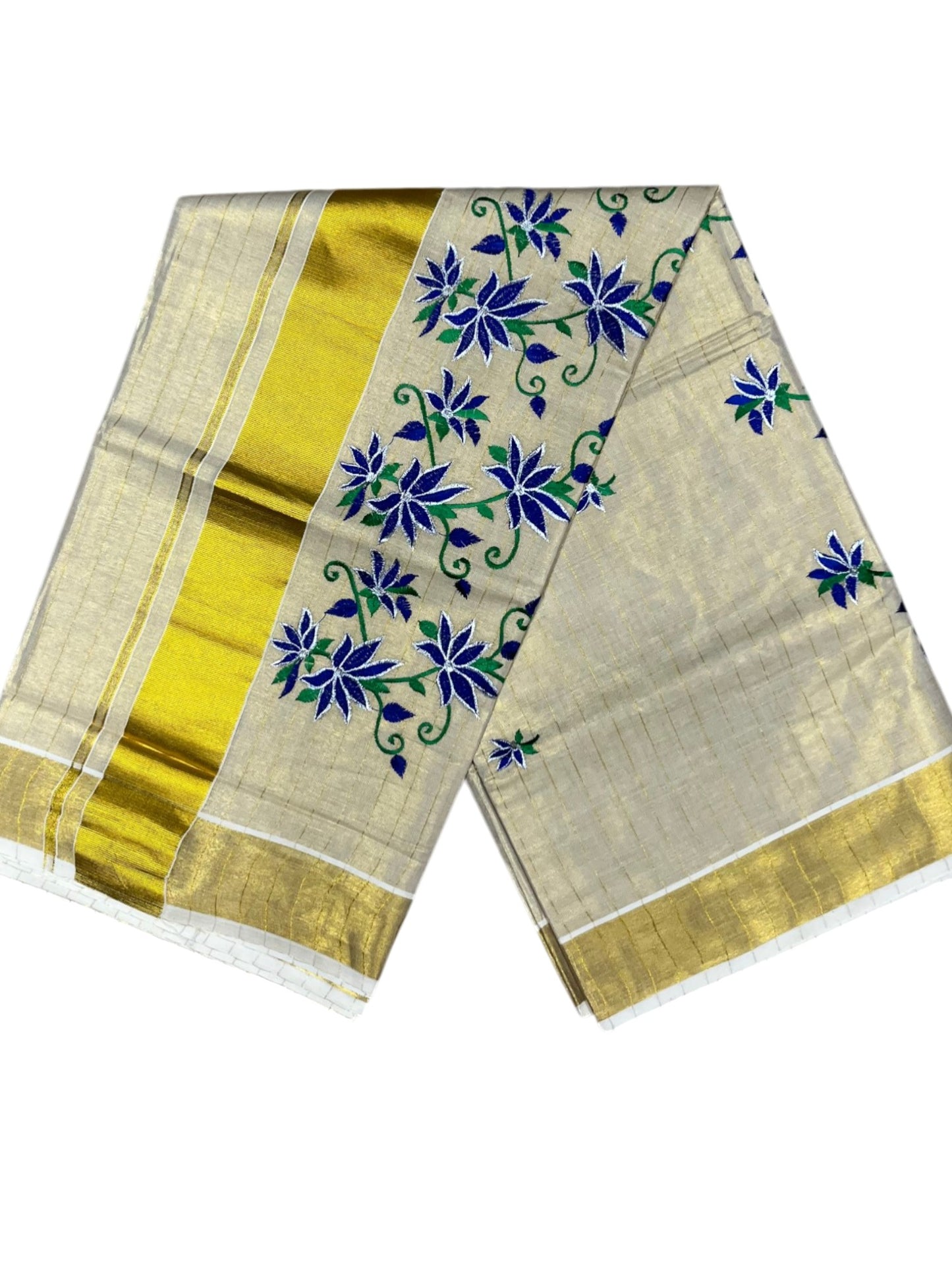Southloom Tissue Kerala Kasavu Lines Saree with Floral Embroidery Design in Blue