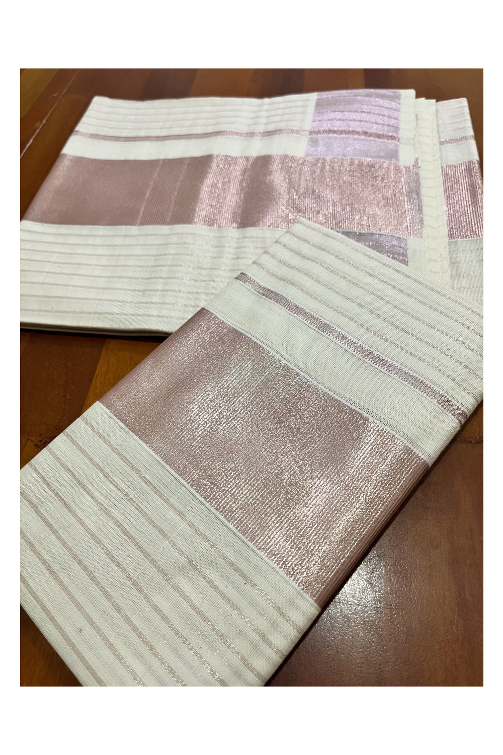 Pure Cotton Kerala Set Mundu with Rose Copper Kasavu Lines on Body 2.80 Mtrs