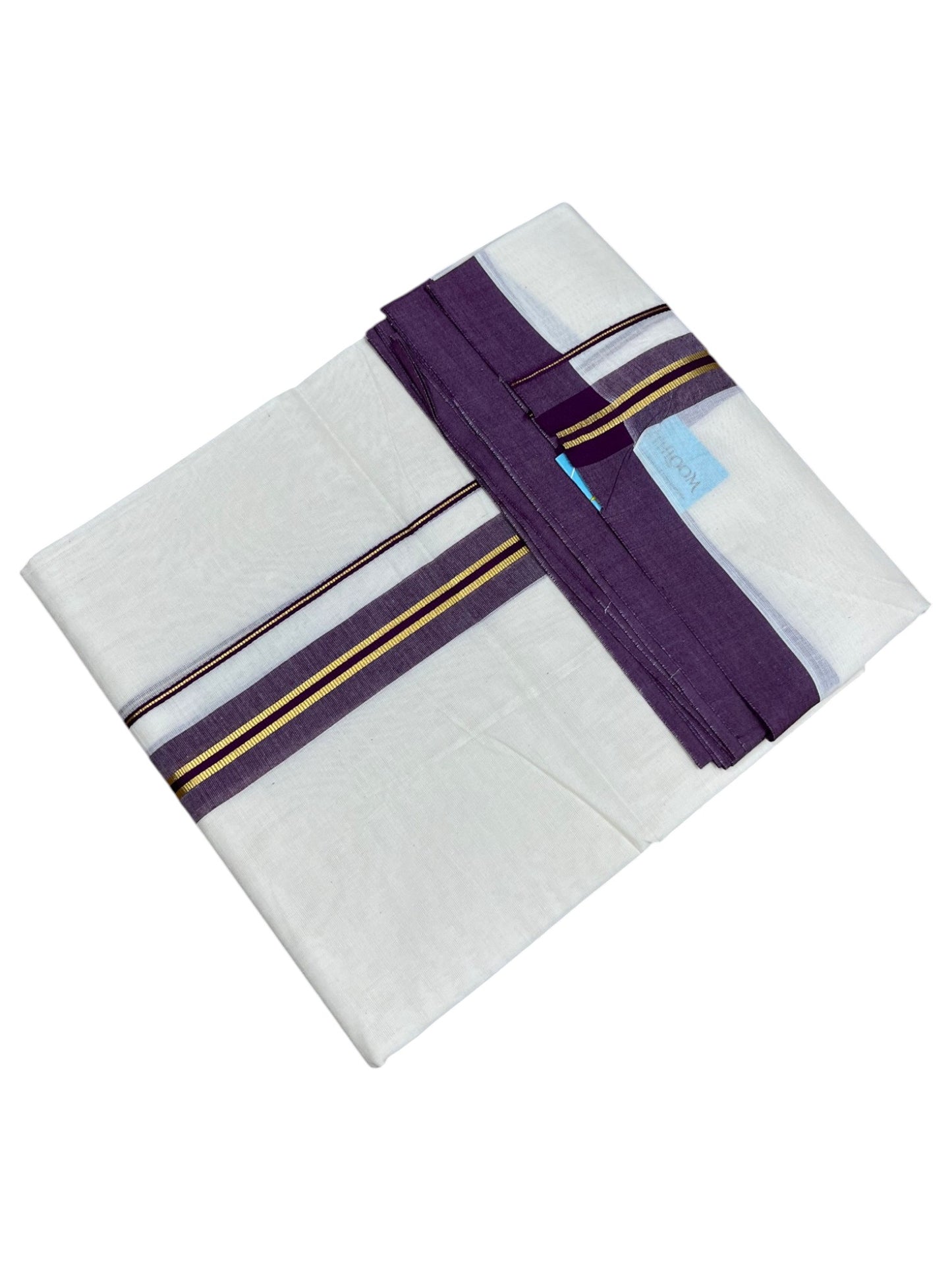 Southloom Pure Cotton Mundu with Gold Lines and purple Border (South Indian Kerala Dhoti)