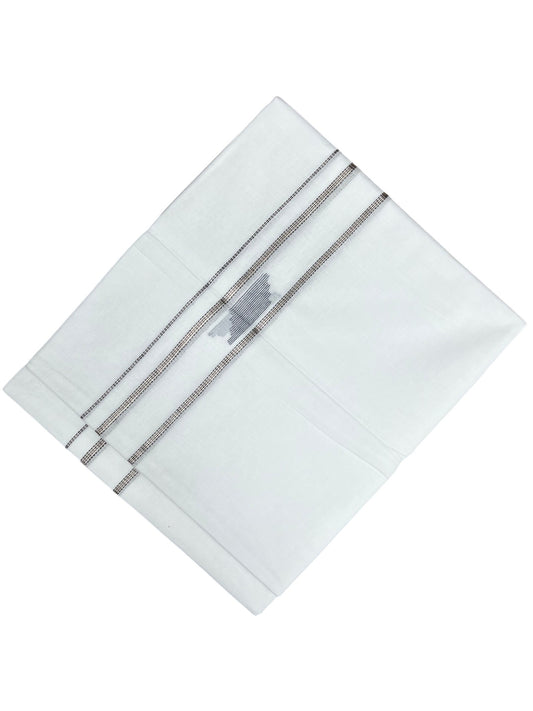 Southloom Pure White Cotton Mundu with Black & Silver Line Border (South Indian Kerala Dhoti)