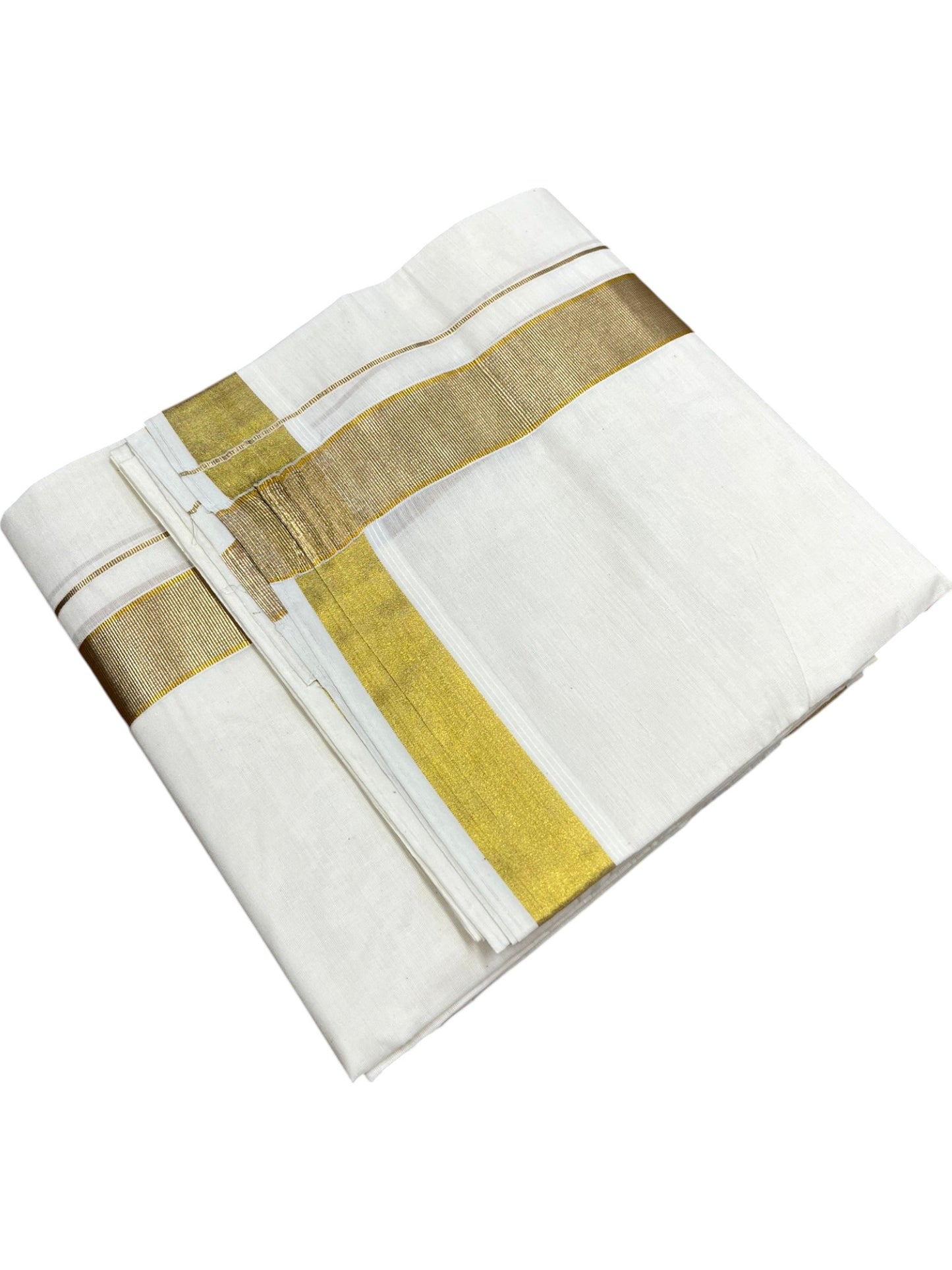 Southloom Kerala Pure Cotton Double Mundu with Gold Kasavu And Silver Line Border (South Indian Dhoti)
