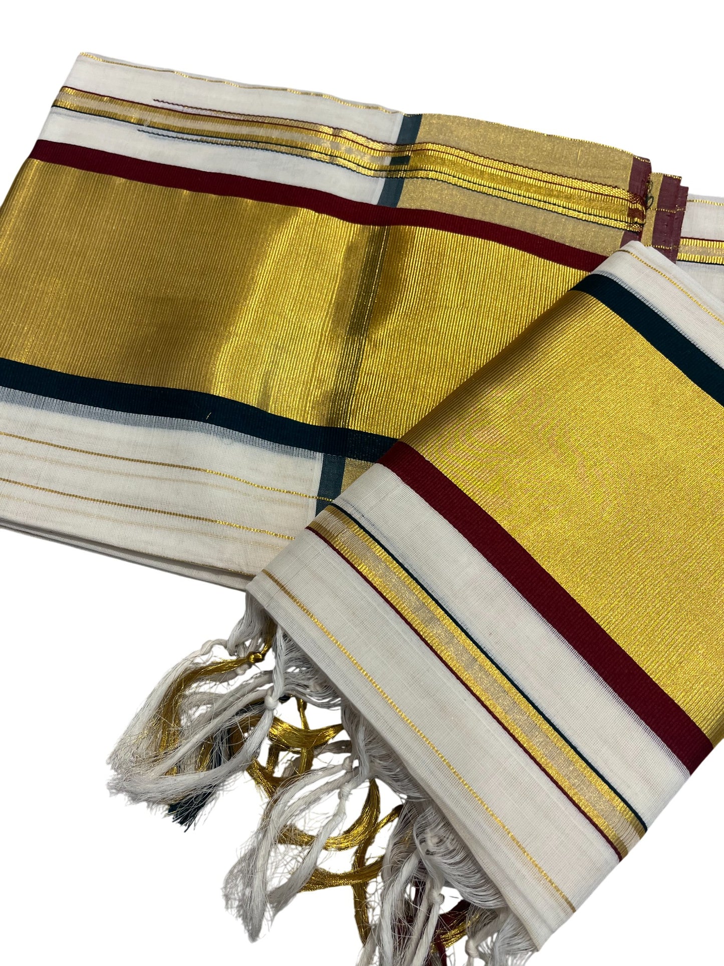 Southloom Premium Handloom Set Mundu with Kasavu and Maroon and Green Border (2.80 Mtr)