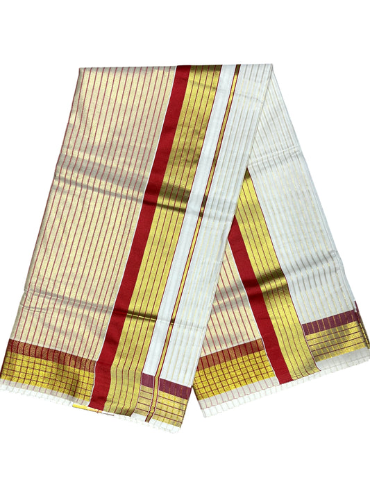 Southloom Kerala Pure Cotton Saree with Stripes on Body and Borders in Red SL334
