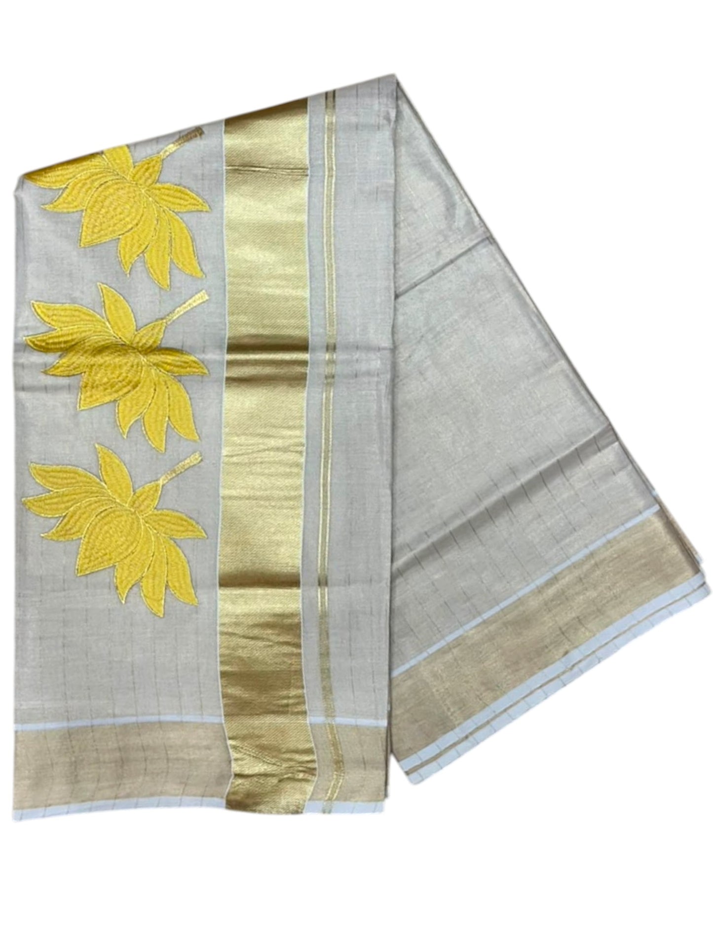 Southloom Kerala Tissue Lines Kasavu Saree with Yellow Lotus Embroidery Works