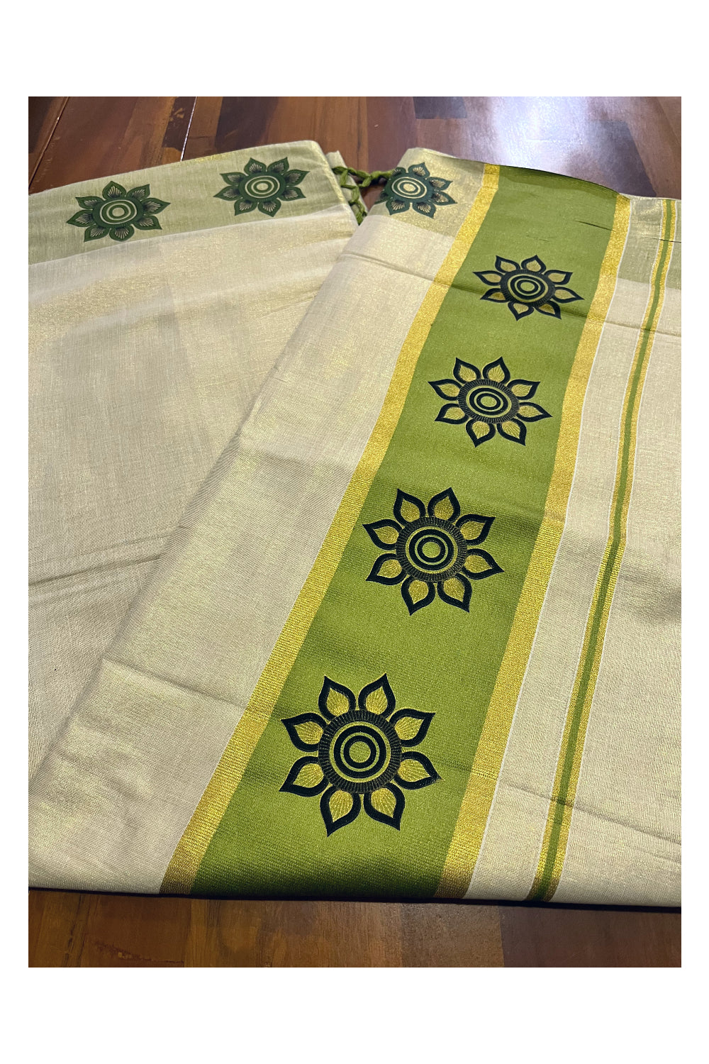 Kerala Tissue Kasavu Saree with Floral Block Prints in Olive Green Border (Onam 2024 Collection)