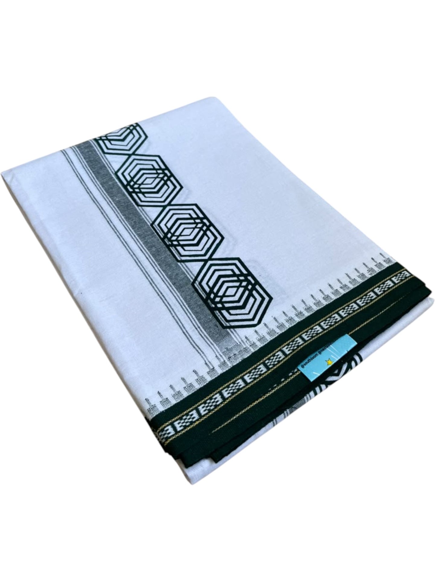 Southloom White Green Printed Single Mundu / Otta Mundu / Lungi (South Indian Kerala Dhoti) SL622