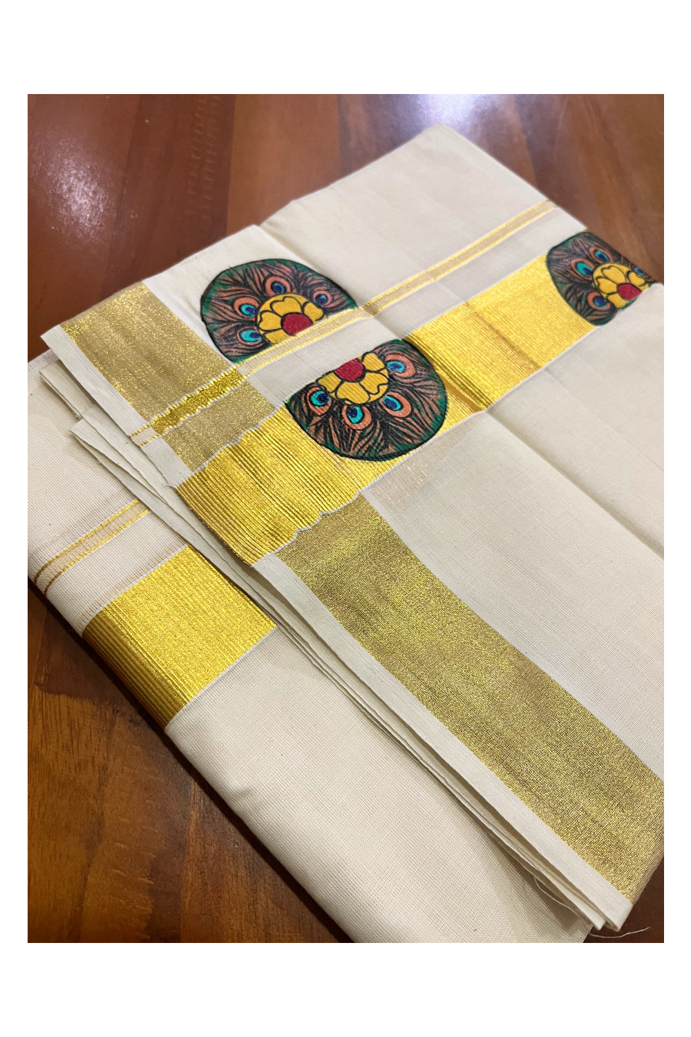 Off White Kerala Cotton Double Mundu with Mural Hand Painted Designs on Kasavu Border (South Indian Kerala Dhoti)