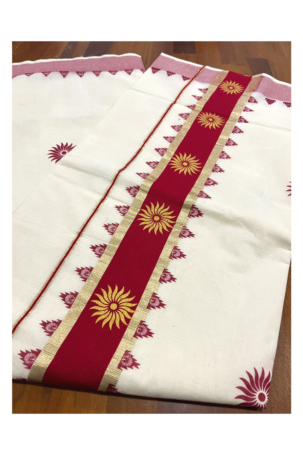 Pure Cotton Kerala Kasavu Saree with Red Floral Block Printed Design