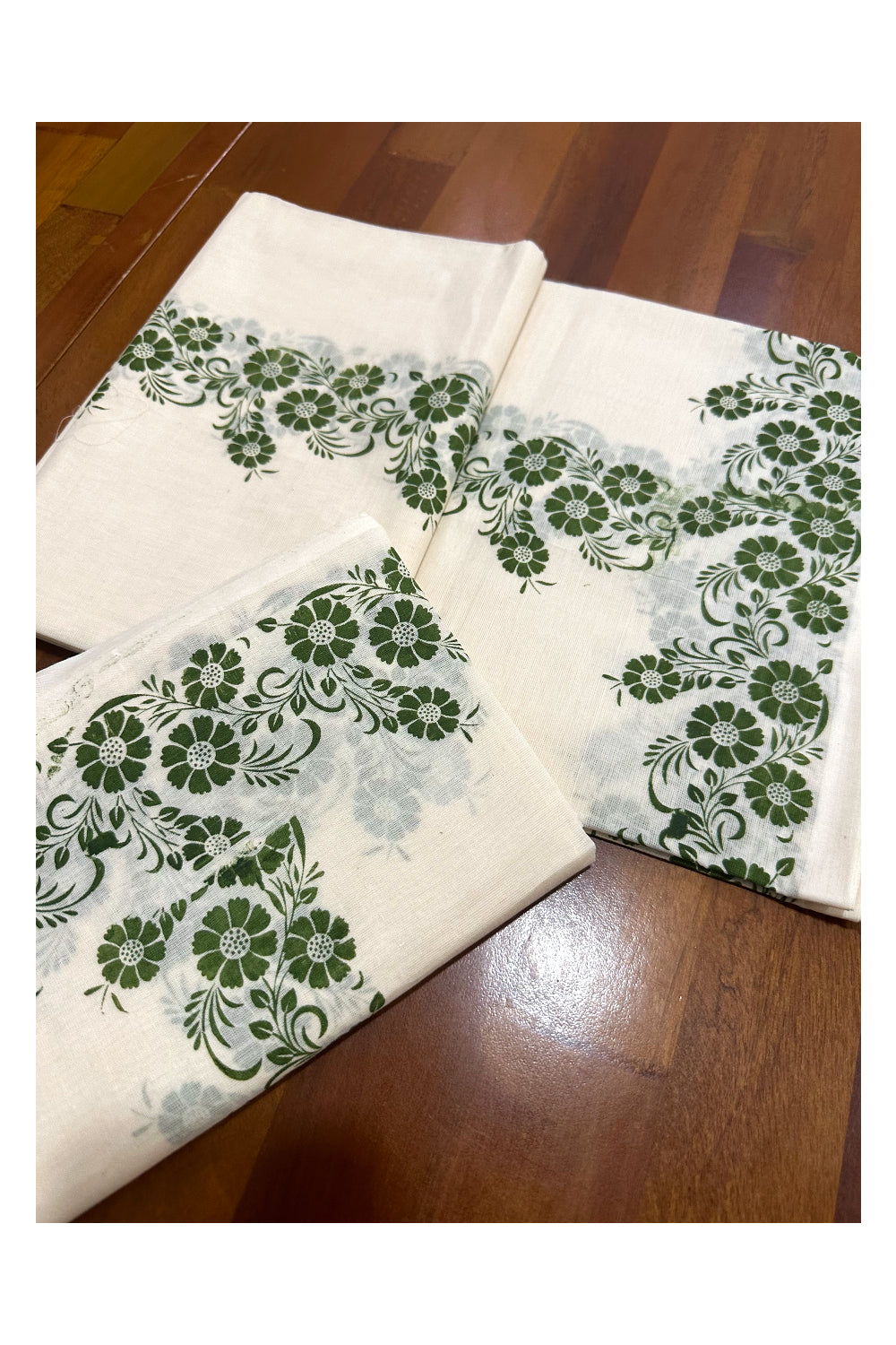 Kerala Cotton Set Mundu (Mundum Neriyathum) with Green Floral Block Printed Border (Onam Set Mundu 2023)