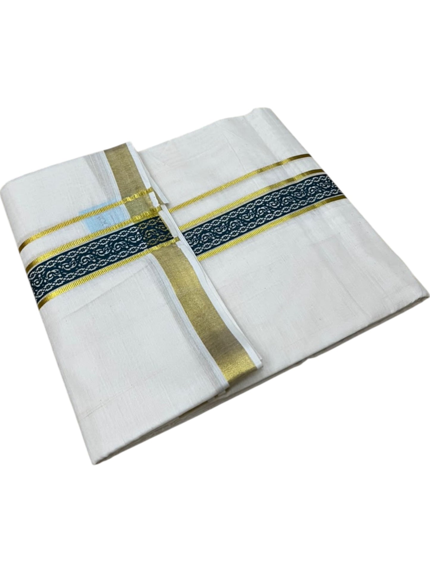 Southloom Pure Cotton Double Mundu with Green Block Printed And Ksavu Border (South Indian Kerala Dhoti)
