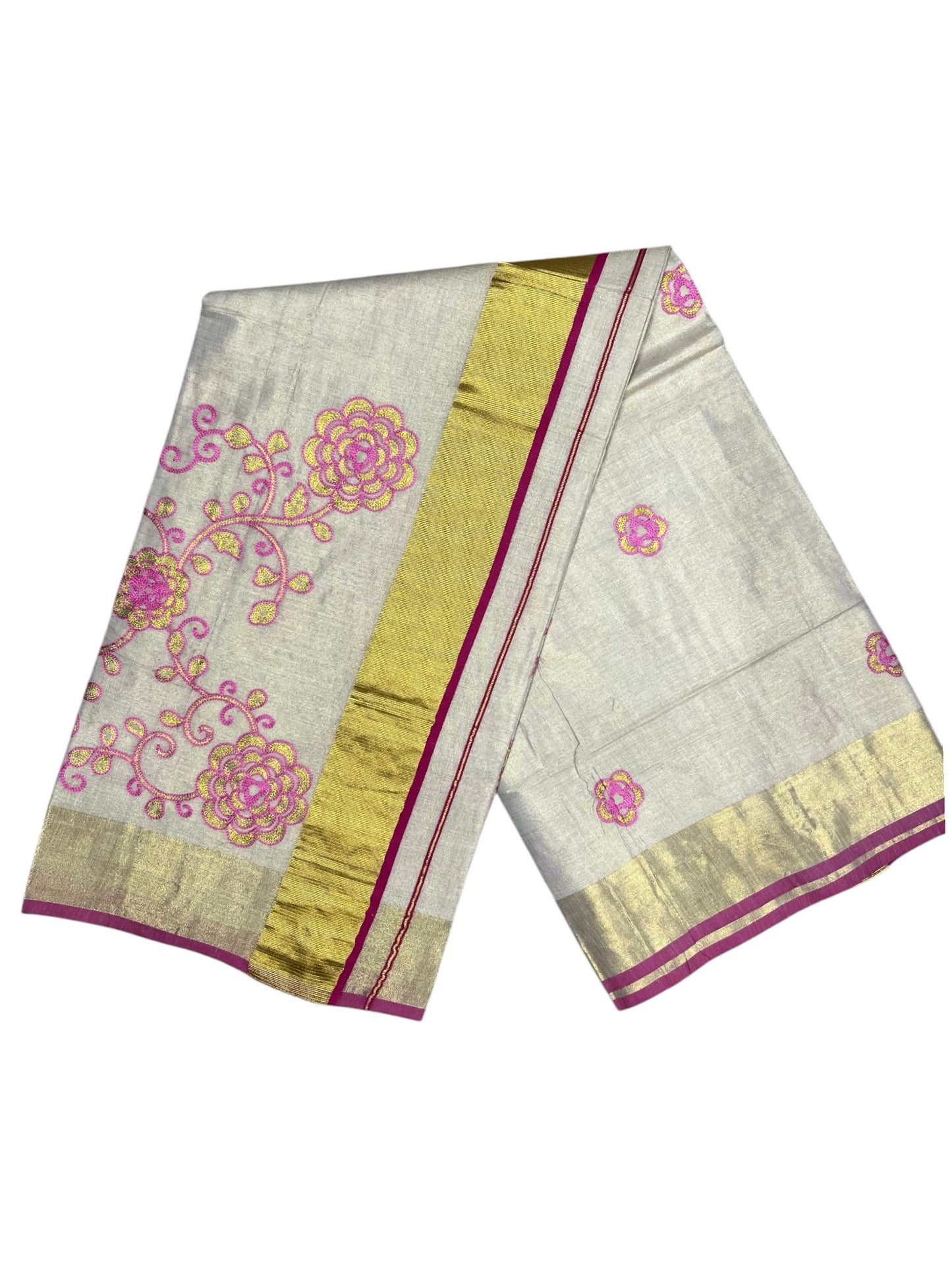 Southloom Kerala Tissue Kasavu Saree With Pink and Golden Floral Embroidery Works