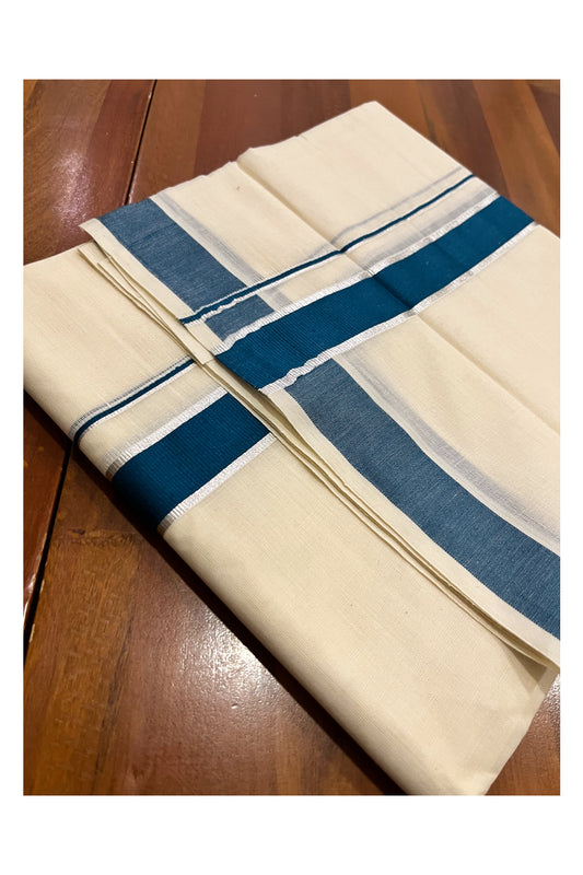 Pure Cotton Double Mundu with Silver Kasavu and Teal Blue Kara (South Indian Kerala Dhoti)